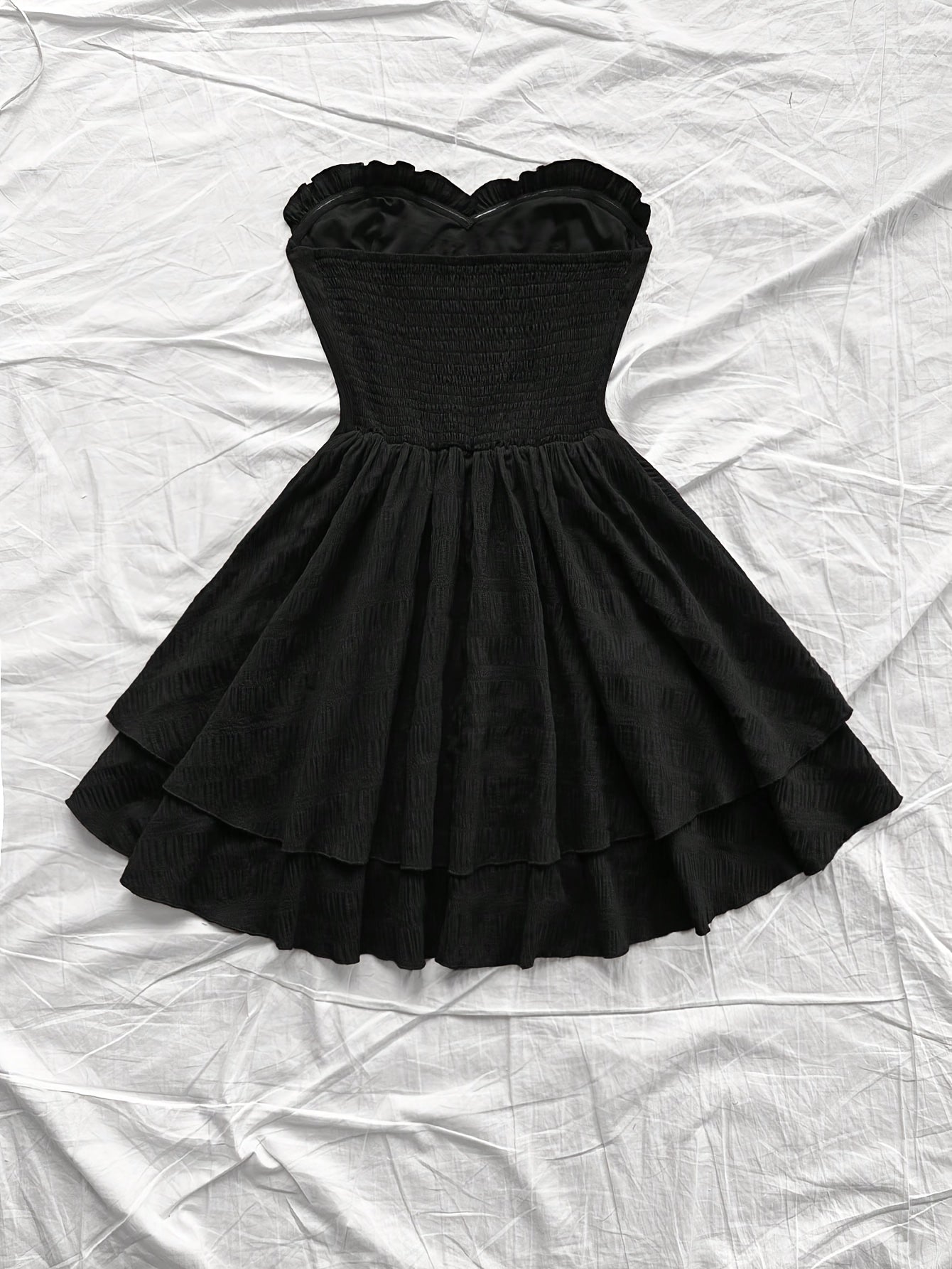 Women'S Y2K-Inspired Black Off-Shoulder Layered Cake Dress with Frill Detail - Romantic Holiday Skater Dress for Adults, All-Season Fashion, Holiday Dress | Ruffled Hemline | Frilled Detailing
